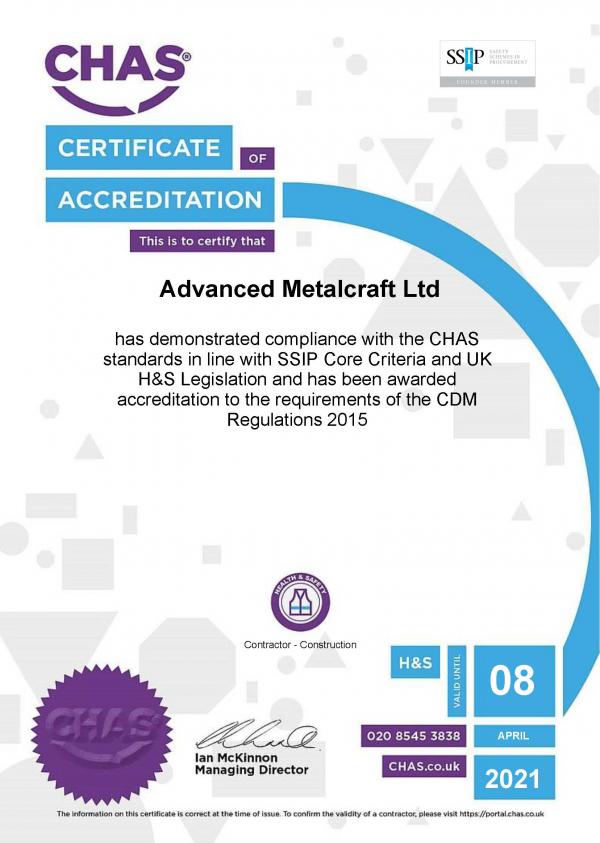 Advanced Metalcraft CHAS Certificate expiry 08.04.2021a